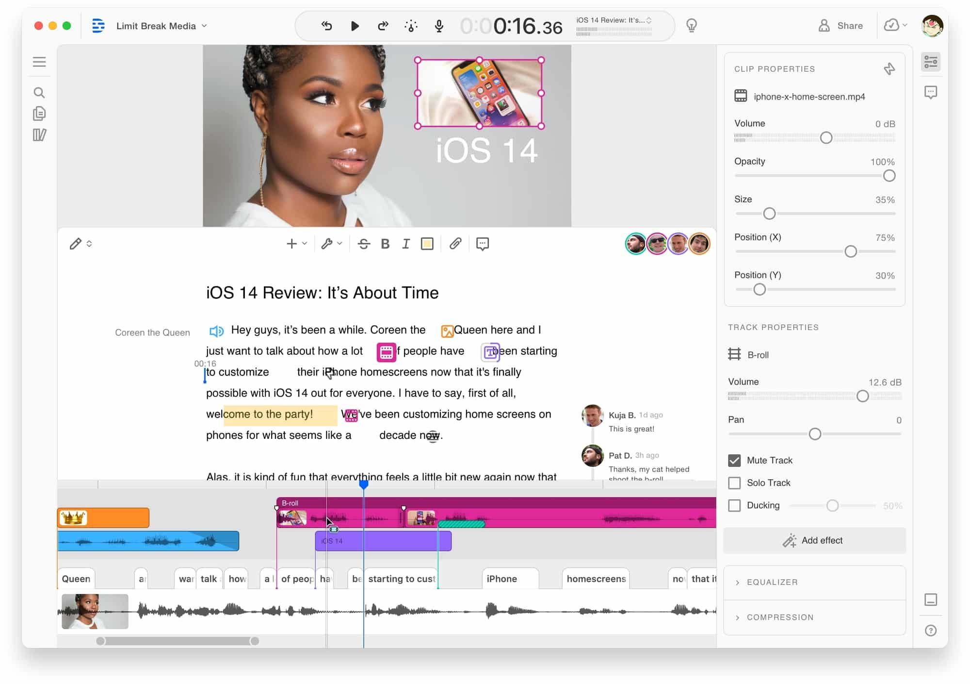 Descript transcript-based video editor with text editing