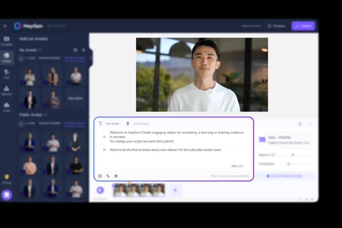 HeyGen AI avatar selection and script editor interface