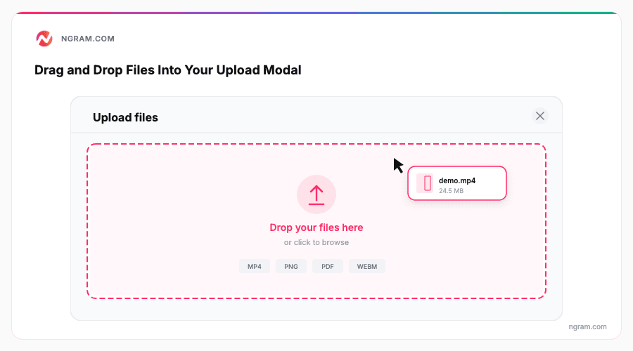 File upload modal with drag-and-drop zone highlighted in pink, showing a file being dragged onto the modal