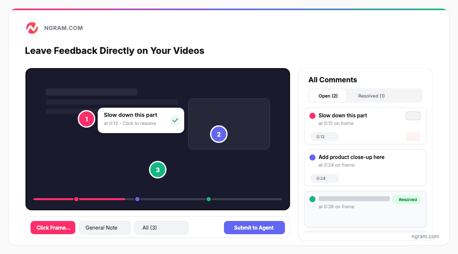 Video commenting system showing pinned comments on a video frame with a side panel listing all comments and a Submit to Agent button